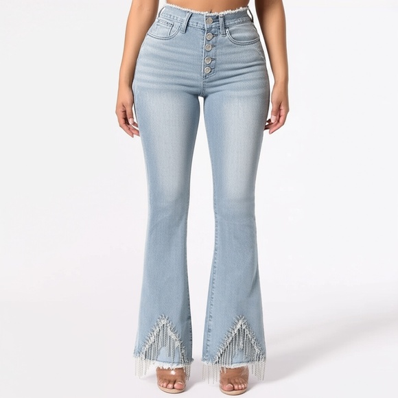 NWT DENIM COUTURE JeansSize 1 Light Wash Flared Rhinestone Fringe Distressed - Picture 1 of 7
